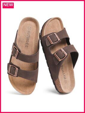 Womens Cork Footbed Sandals Two Adjustable Straps Flat Slide Sandals